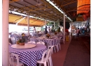 Alfresco seats of seafood restaurant.  